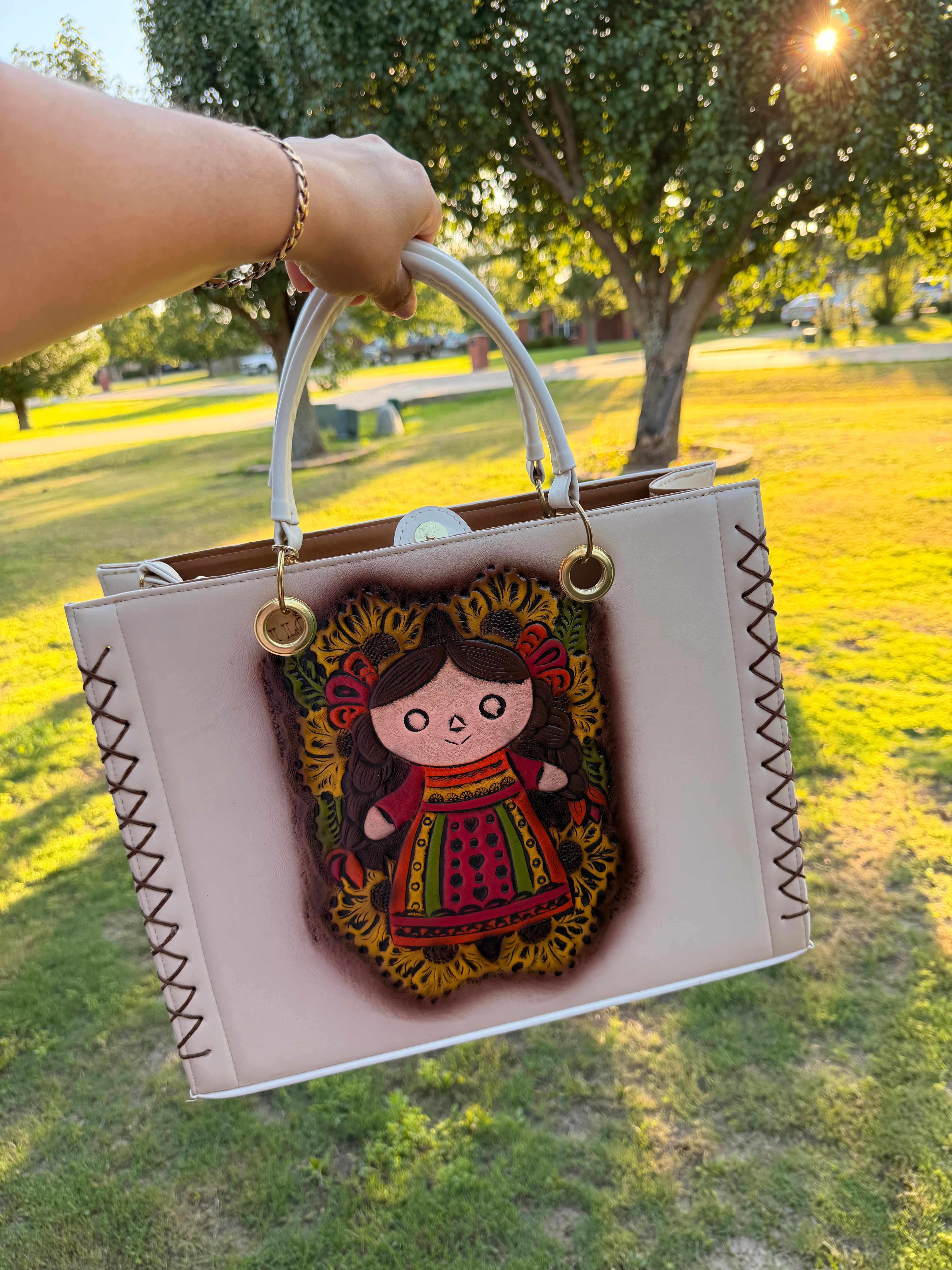 Lolo María Doll Sunflower Tote Bag – Hand-Painted Vegan Leather