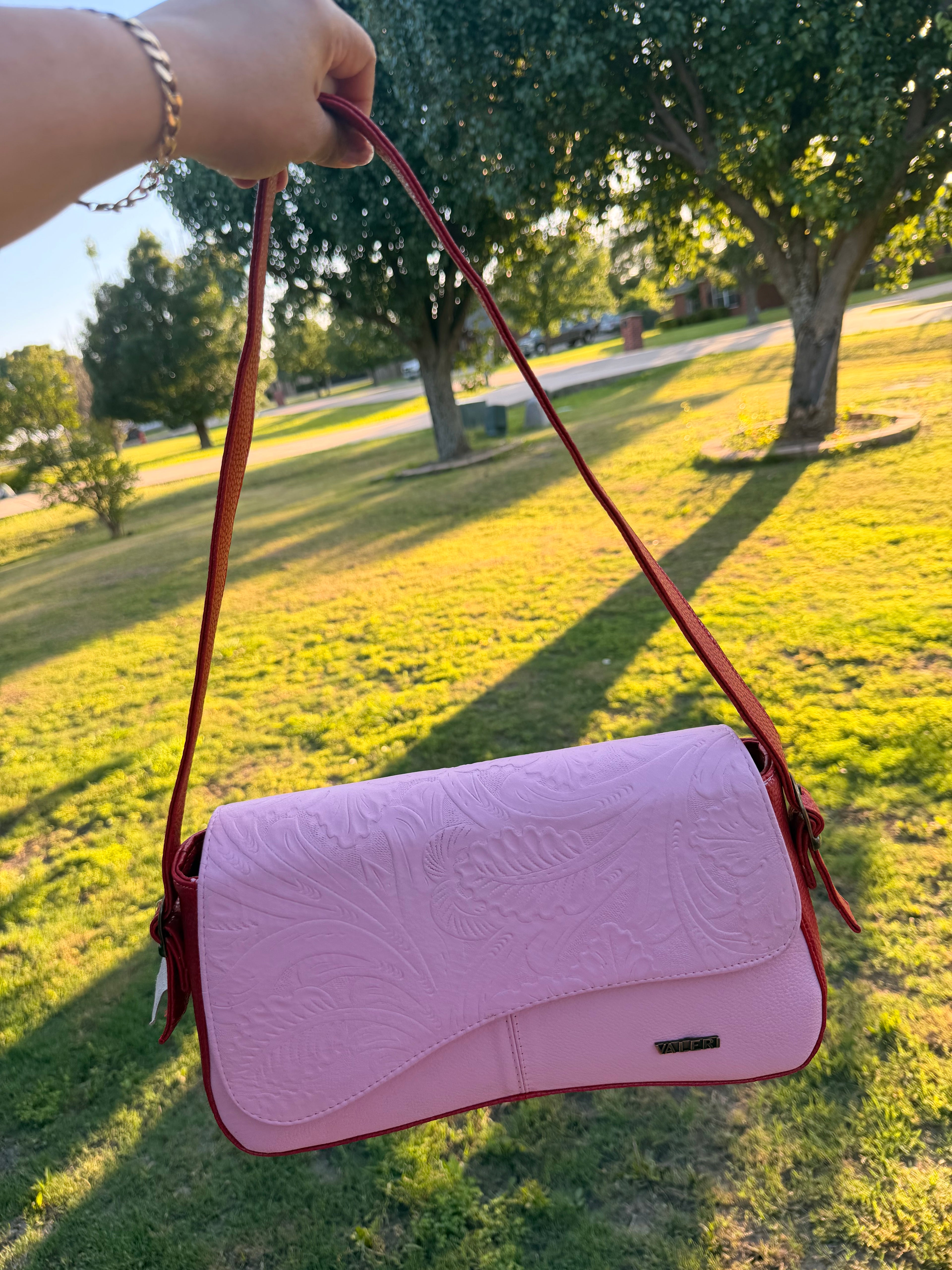 Blush Pink & Red Embossed Leather Crossbody Bag – Valeri