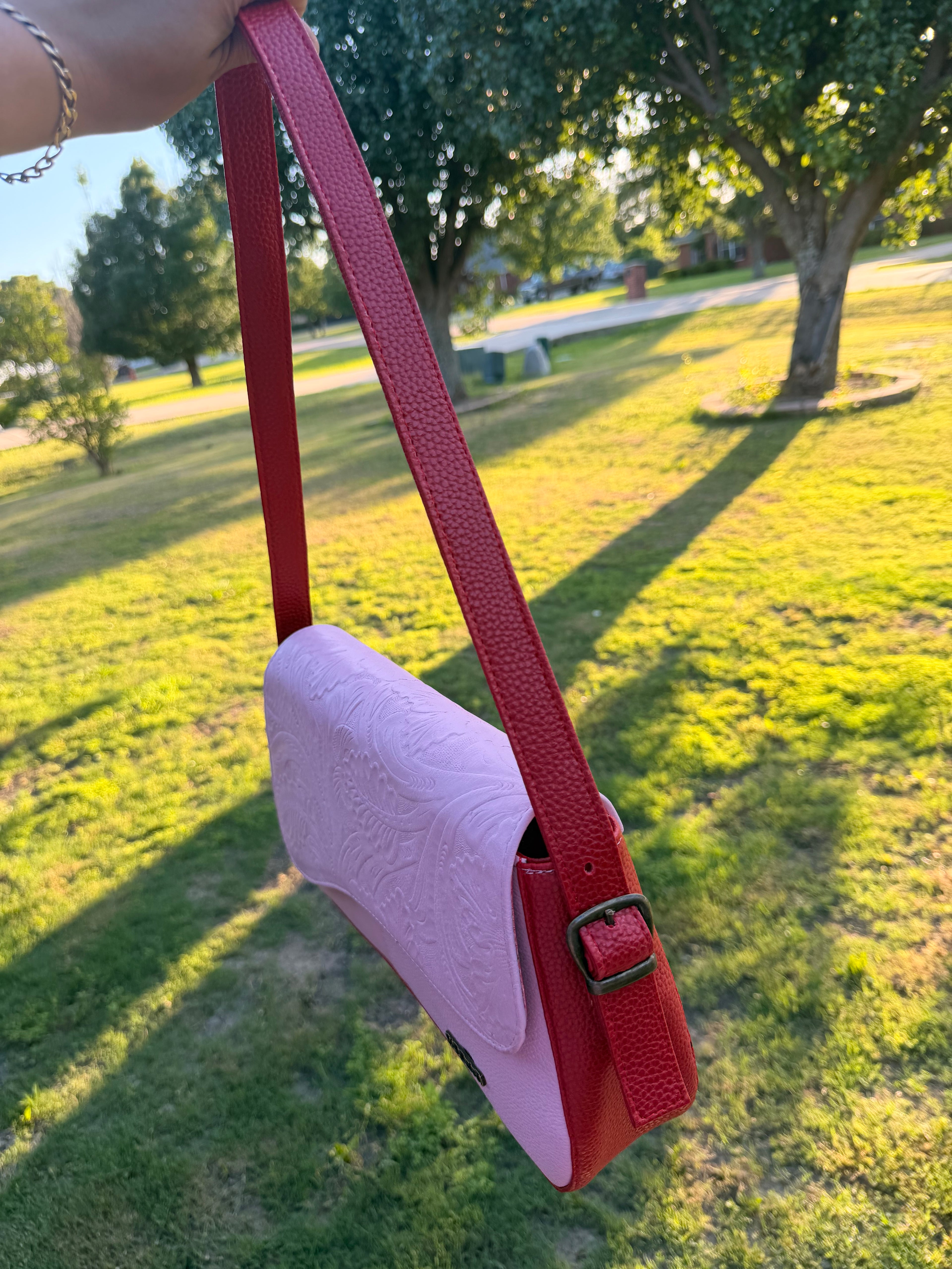Blush Pink & Red Embossed Leather Crossbody Bag – Valeri