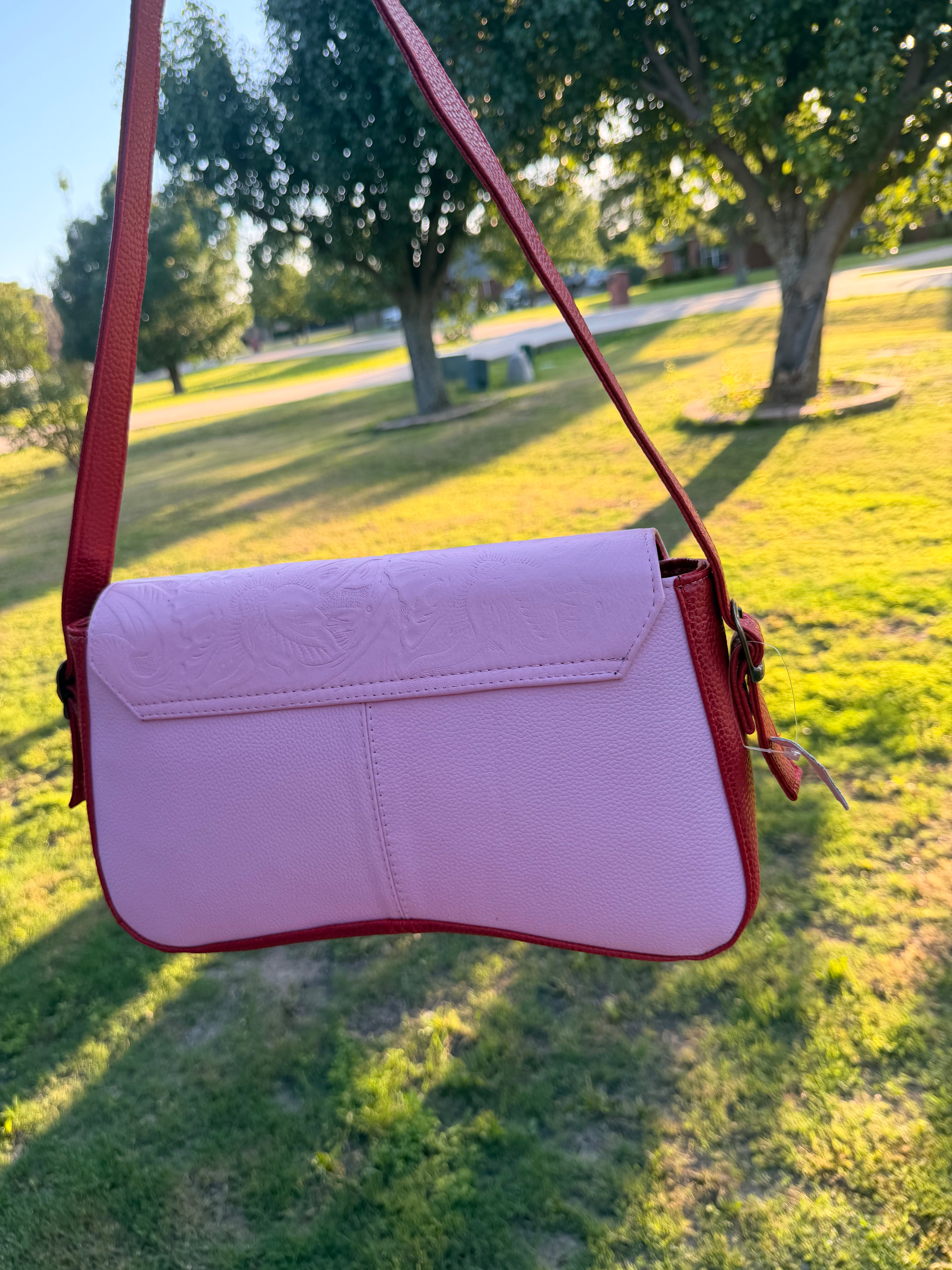 Blush Pink & Red Embossed Leather Crossbody Bag – Valeri