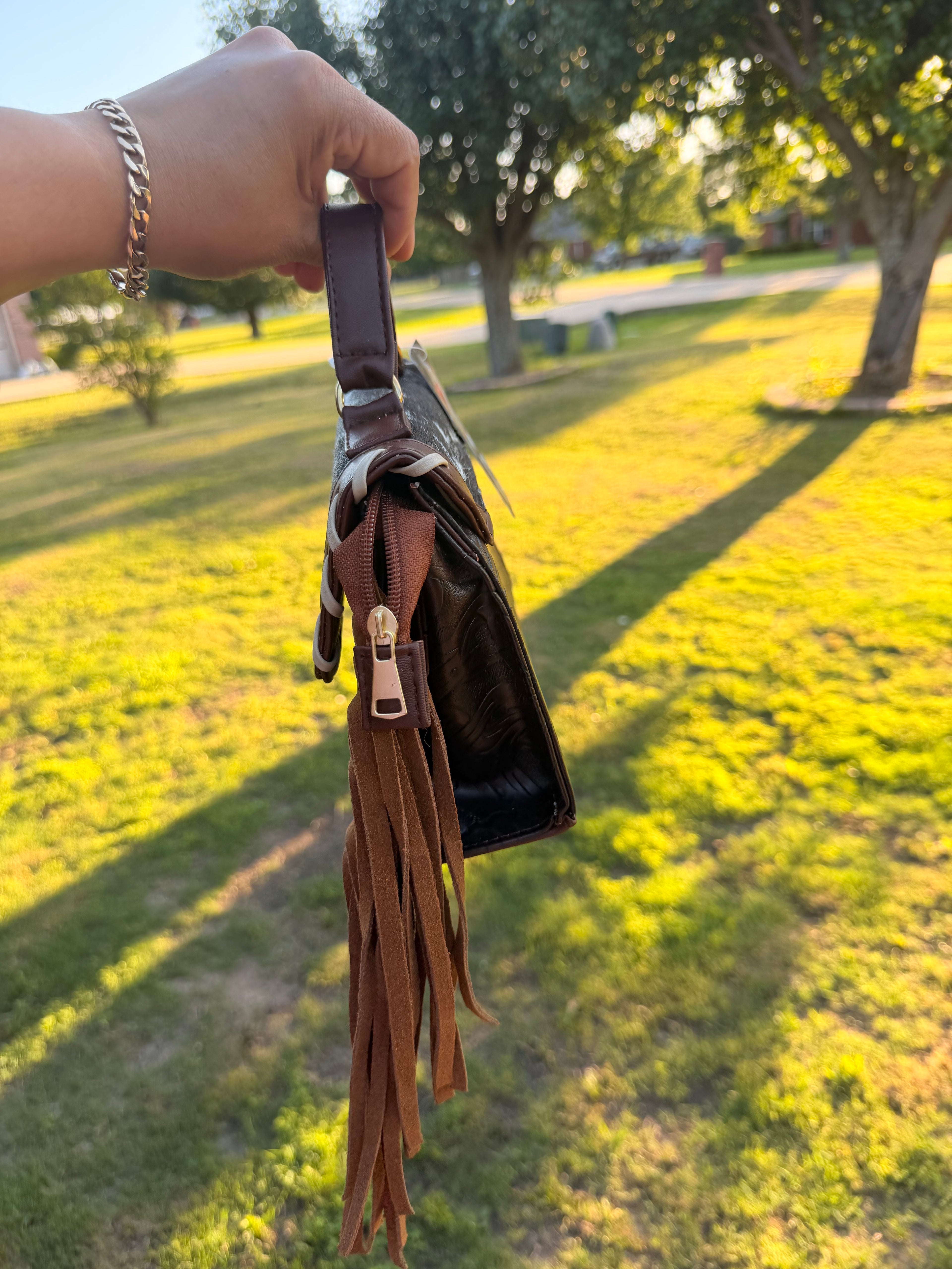 Western Fringe Crossbody Bag – Cowhide & Tooled Leather