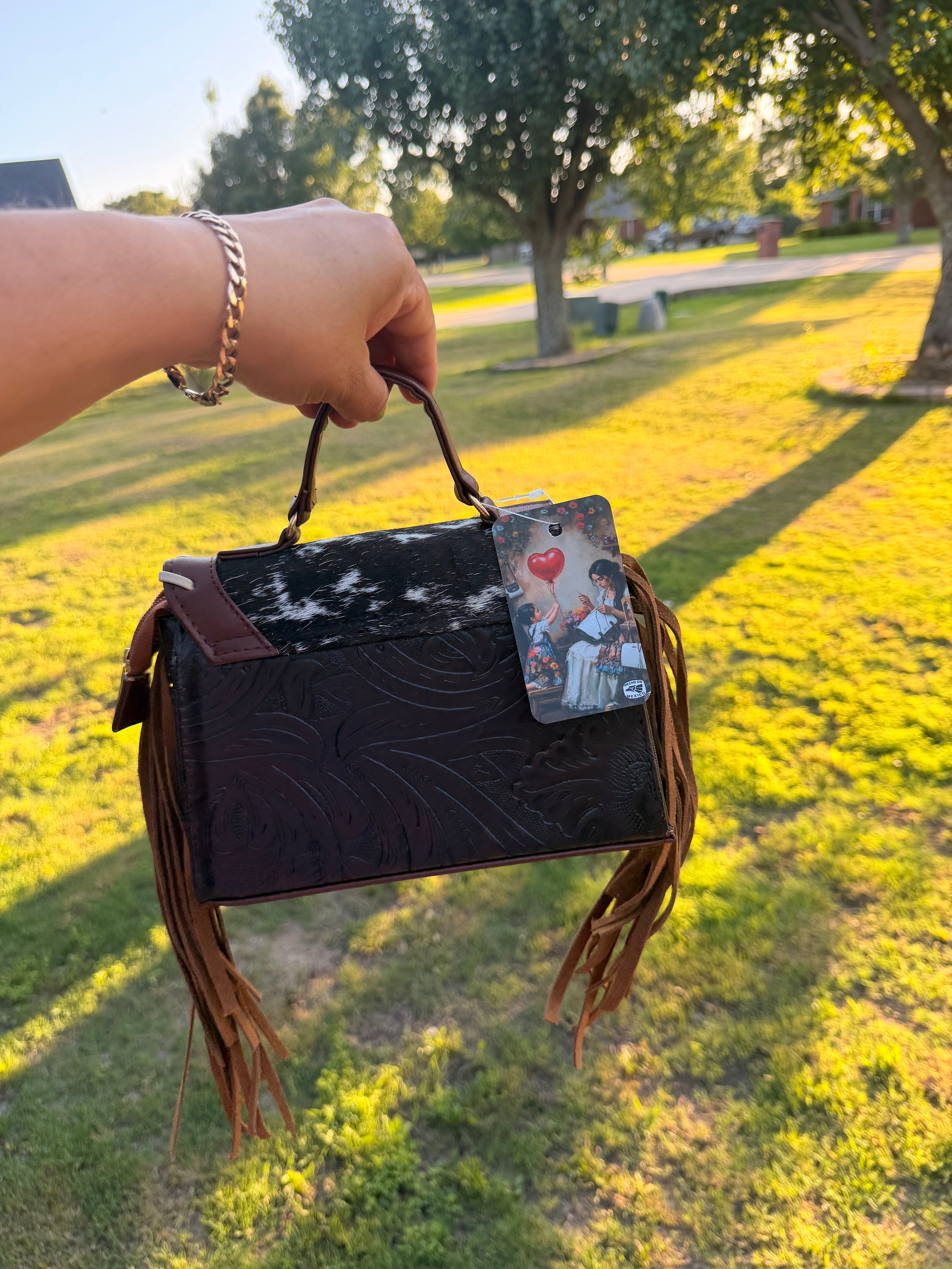 Western Fringe Crossbody Bag – Cowhide & Tooled Leather