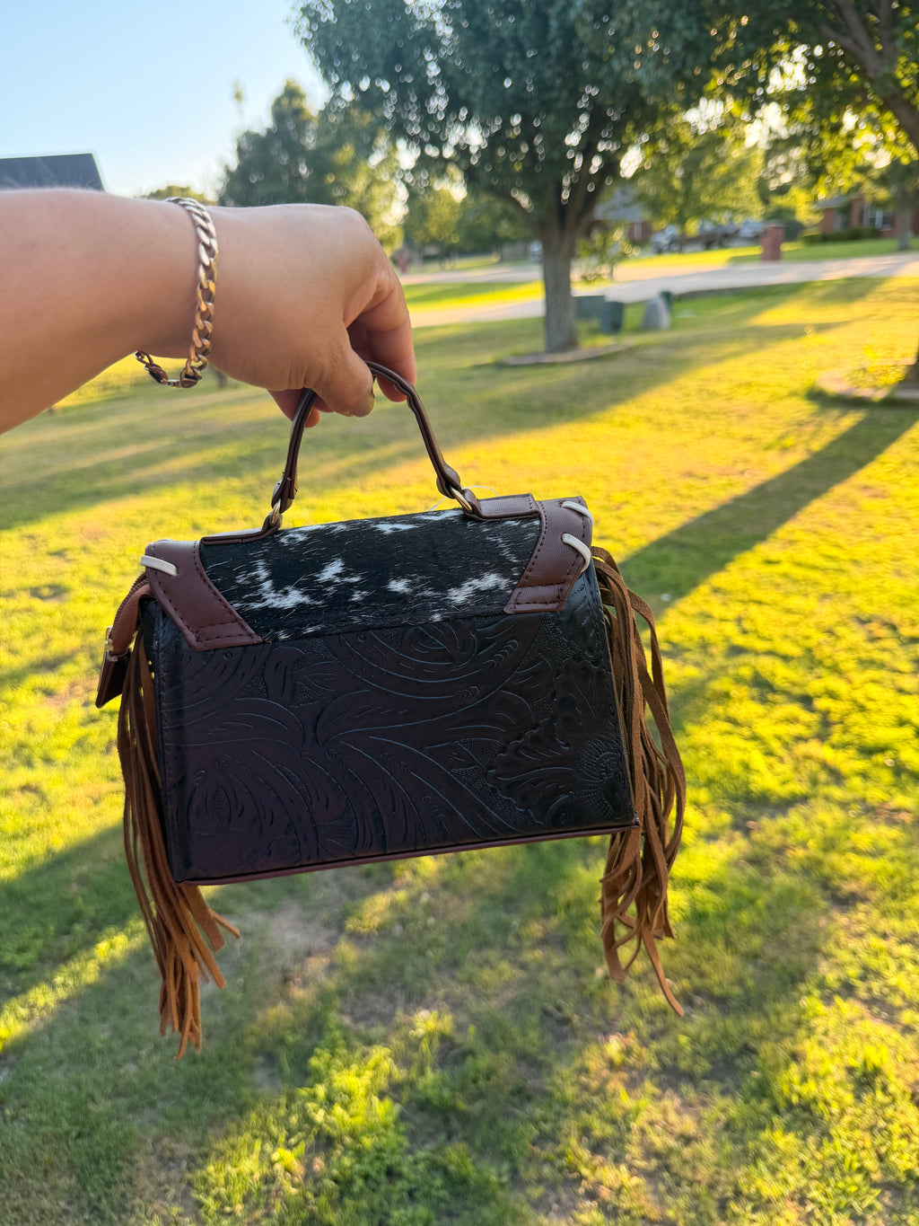 Western Fringe Crossbody Bag – Cowhide & Tooled Leather